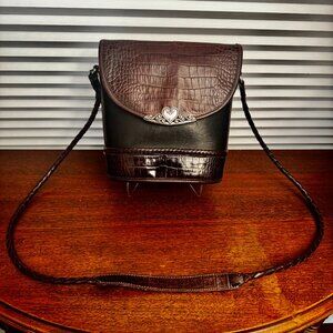 Brighton Melanie Embossed Black Brown Leather Croc Crossbody Bucket Purse 1996